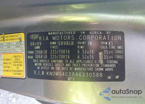 2010 Kia Sedona Lx z USA, uszkodzony, nr VIN KNDMG4C38A6330588